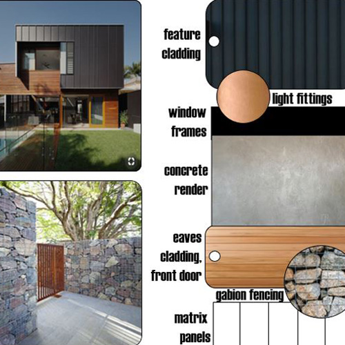 Exterior selections including façade colours, materials, finishes, fixtures and textures