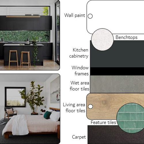Interior selections including paint, tiles, kitchen, bathroom, laundry, joinery, soft-furnishings, window-treatments,flooring, lighting, artwork, furniture and accessories selections